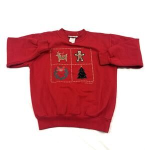 Vintage 90s Christmas Sweatshirt Size S Youth Crewneck Patches Tree Reindeer Red